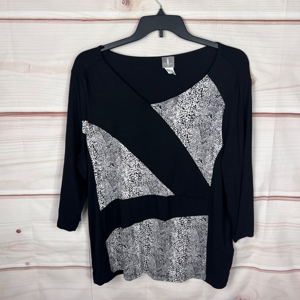 Fair Lady Top Womens 18 Black Geometric Blouse Asymmetrical Neck 3/4 Sleeve Knit